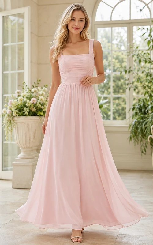 Blush Square Neck Chiffon Sleeveless A-Line Floor Length Bridesmaid Dress