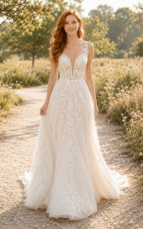 Robe de mariée en dentelle et tulle, coupe trapèze, col en V, sans manches, traîne, dos nu plongeant.