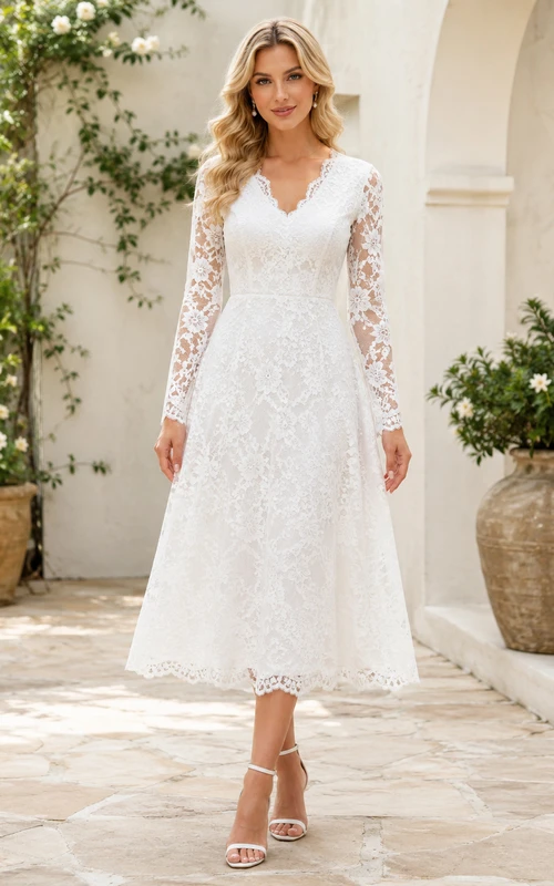 Romantic White Tea-Length V-Neck Long Sleeve Lace Garden Dress Outdoor