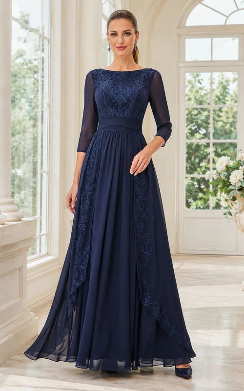 Vestido formal de corte A largo hasta el suelo con mangas barco, modesto, azul marino oscuro, de gasa y encaje.