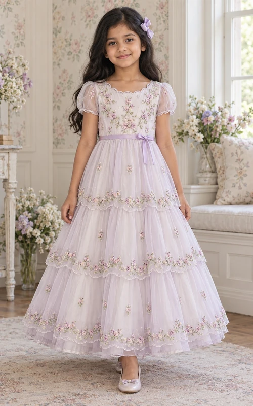Vestido de niña de flores sencillo, de corte A, tul, mangas abullonadas y largo hasta los tobillos, con volantes y estampado floral lavanda.