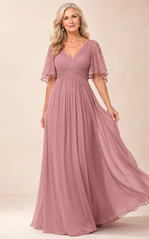 Dusty Rose Floor-Length A-Line Romantic Grandmother of the Bride Chiffon Gown with V-Neck Beaded Flutter Sleeves