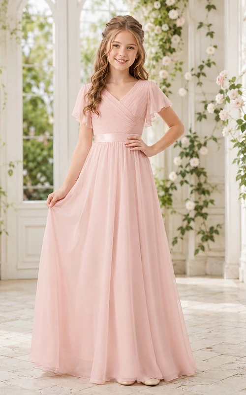 Zartrosa Brautjungfernkleid für junge Damen, A-Linie, V-Ausschnitt, kurze Ärmel, plissiert