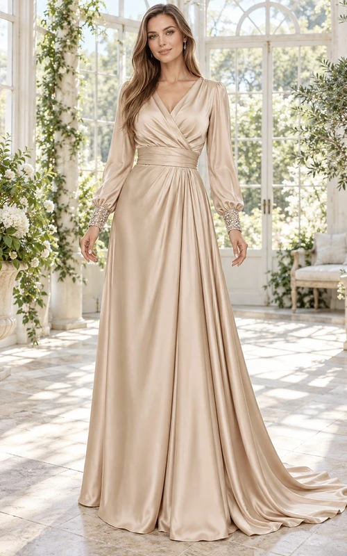 Vestido de noche formal largo hasta el suelo, de satén color champán, con escote en V, mangas obispo, puños adornados con cuentas y corte en A.