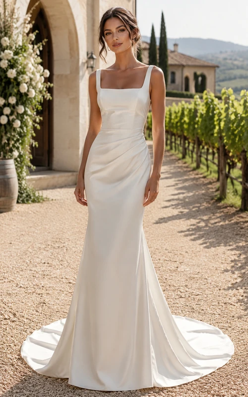 Square Neck Satin Mermaid Wedding Dress with Clean Lines and Sweep Train