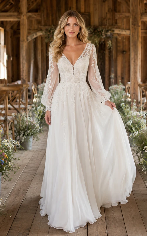 Bishop Sleeve Lace Bodice Rustic Barn Bridal Gown