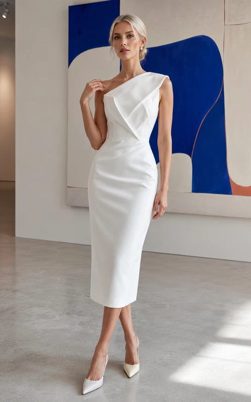 Vestido midi blanco de cóctel con un solo hombro y pliegues esculturales.