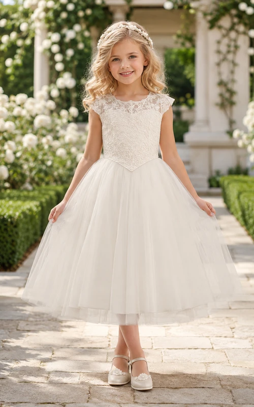 Vestido de niña de flores de tul y encaje con cintura vasca color marfil, corte en A, manga corta, cuello joya, largo hasta la rodilla, ideal para ceremonias en el jardín.