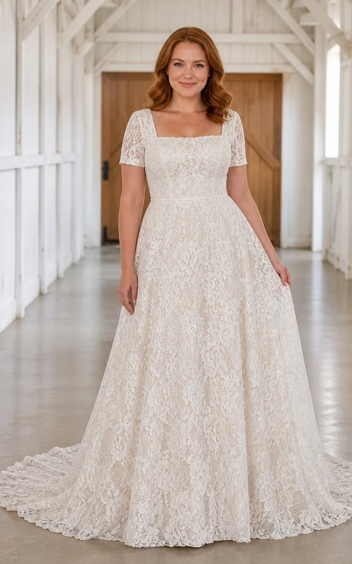 Modest Short Sleeve A-Line Square Neck Botanical Lace Cathedral Train Wedding Gown