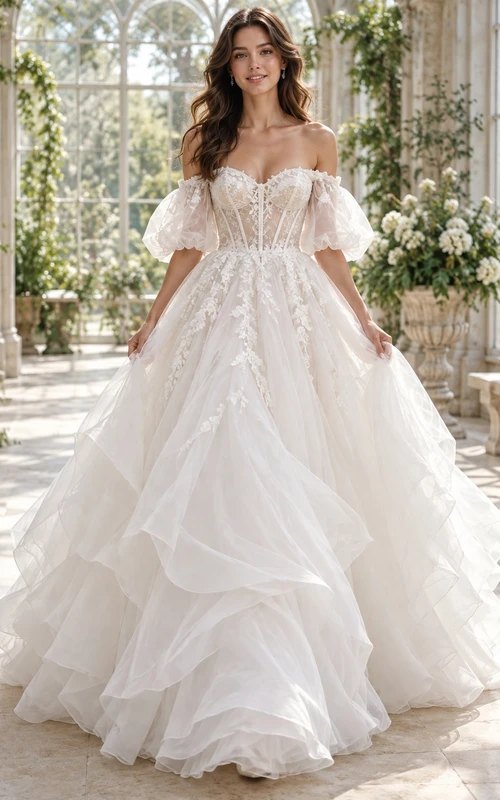 Vestido de novia largo hasta el suelo de organza con escote palabra de honor y mangas cortas con volantes y corpiño floral romántico.