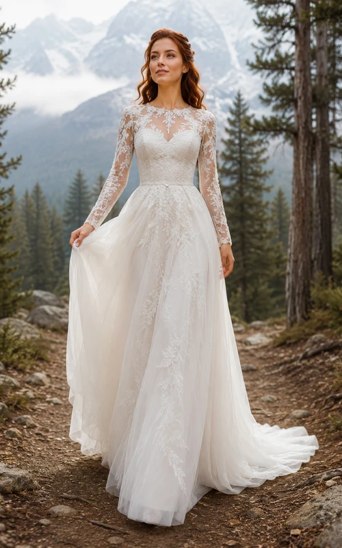 High Neck Long Sleeve A-Line Wedding Dress