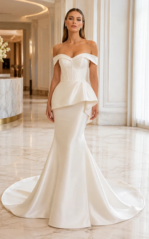 Schulterfreies Brautkleid im Meerjungfrauenstil aus Satin mit Schößchen und Schleppe
