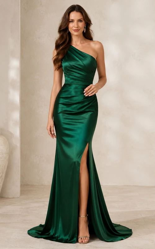 Dunkelgrünes, schulterfreies Satin-Abendkleid mit Schlitz