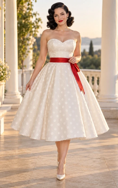 Trägerloses Rockabilly-Kleid mit roten Punkten und Schärpe in Teelänge und A-Linie