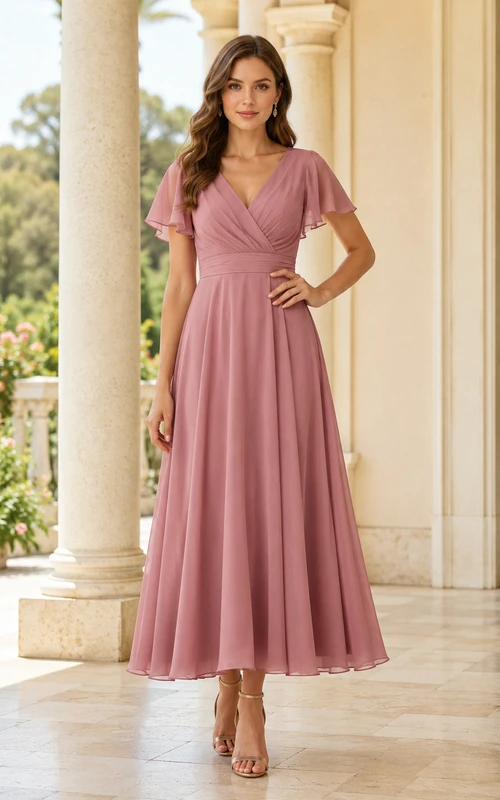 Elegante vestido de invitada para ceremonia en color rosa empolvado, con escote en V, mangas con volantes, corte en A y largo hasta los tobillos.