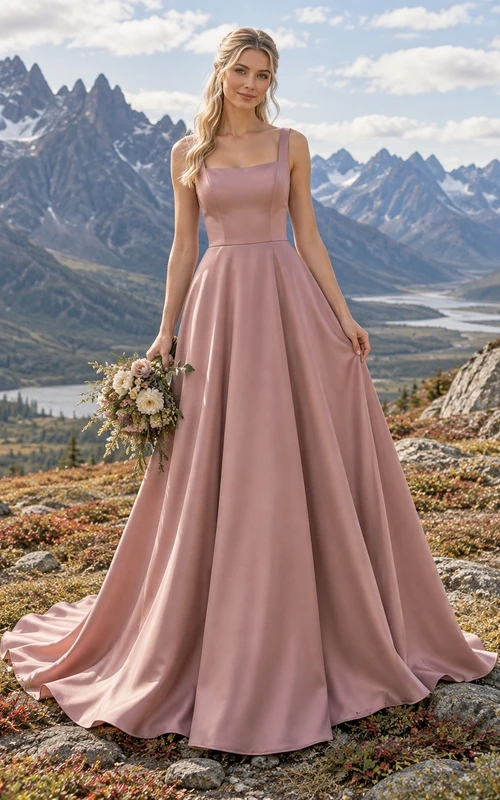 Brautkleid aus mattem Satin in Altrosa mit eckigem Ausschnitt, breiten Trägern und A-Linien-Rock