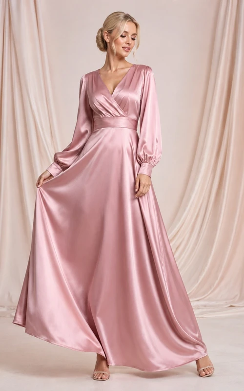 Mauve Cowl Neck Long Sleeve Satin A-Line Floor Formal Dress