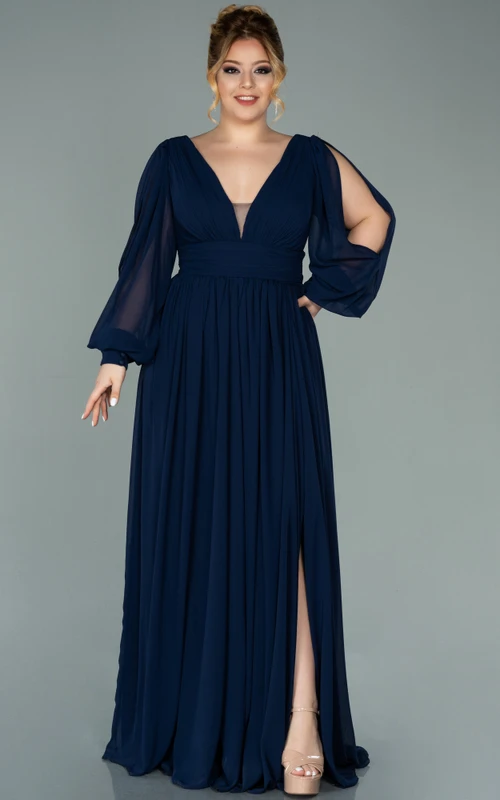 Robe de soirée plissée en mousseline à col V et manches longues fendue sur le devant, grande taille