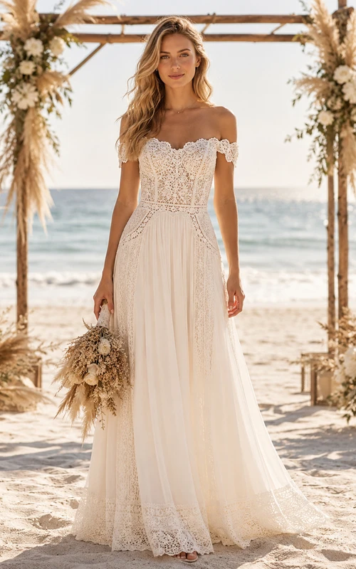 Schulterfreies Boho-Strandhochzeitskleid aus Häkelspitze