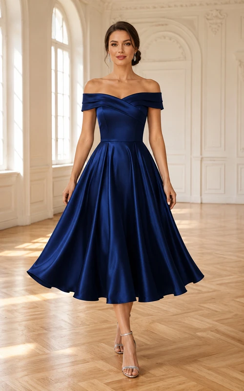 Dunkelblaues, schulterfreies, plissiertes Satin-A-Linien-Kleid in Teelänge für den Tanzstundenabschlussball