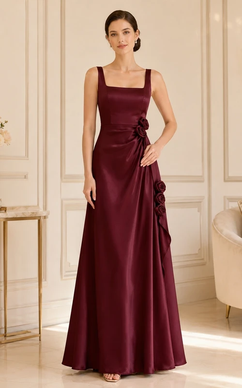 Robe de soirée fourreau en satin bordeaux à fines bretelles froncées