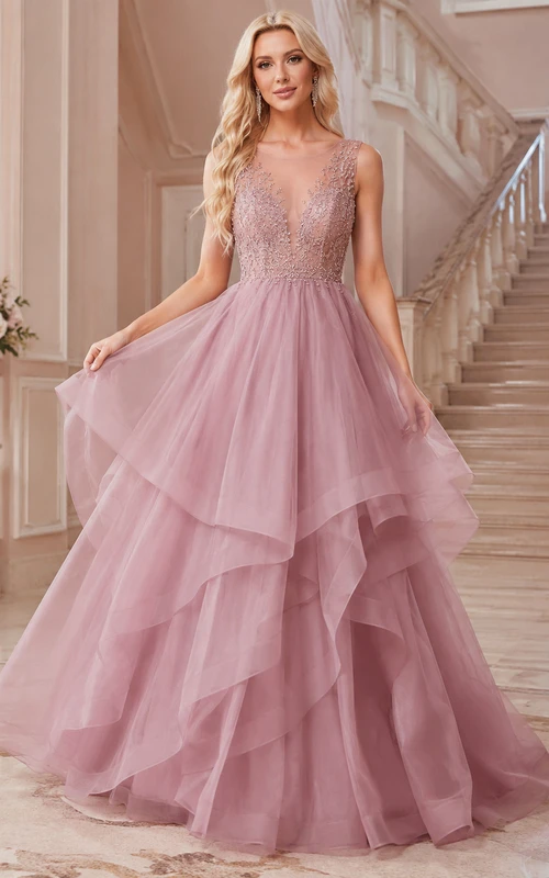 Vintage-Mauvefarbenes, gestuftes Tüll-Abendkleid in A-Linie mit V-Ausschnitt für den Empfang