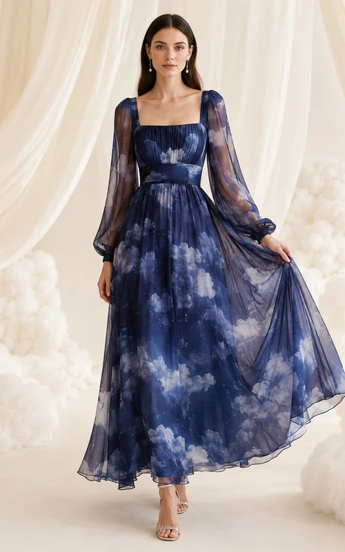 Navy Cloud Print Long Sleeve Chiffon Midi Dress