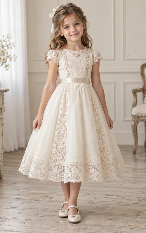 Vestido de niña de flores vintage color marfil, corte en A, manga corta con encaje, paneles insertados y lazo en la espalda.