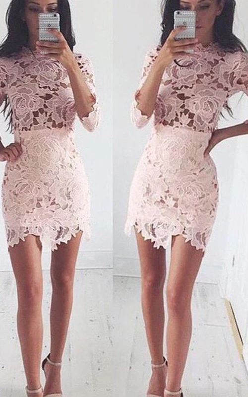 Robe de bal courte mini fourreau 3/4 manches en dentelle col montant