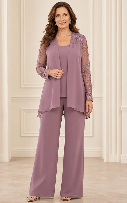 Vintage-Mauve-Hosenanzug mit asymmetrischem Schnitt, Spitzenärmeln, weitem Bein und längerem, mehrlagigem Blazer – perfekt für die Mutter der Braut.