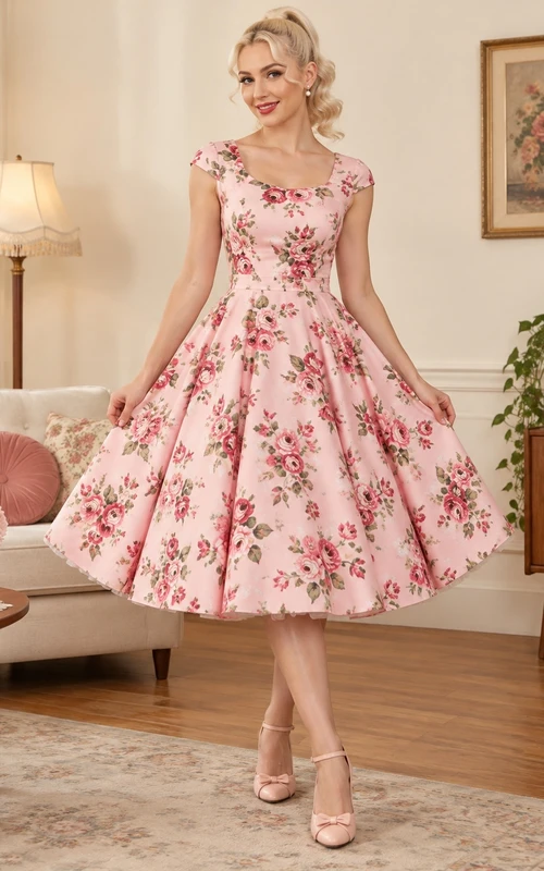 Vestido de corte evasé de los años 50, color rosa empolvado, cuello redondo, mangas cortas y estampado floral.