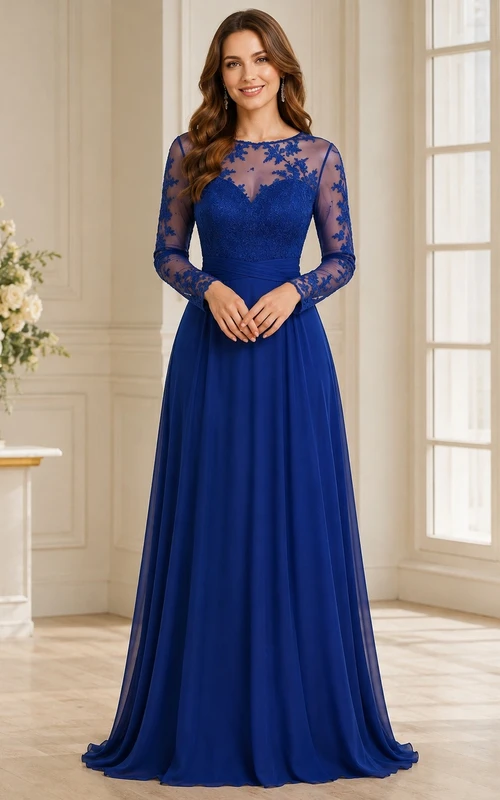 Royal Blue Lace Long-Sleeve V-Neck A-Line Floor-Length Dress