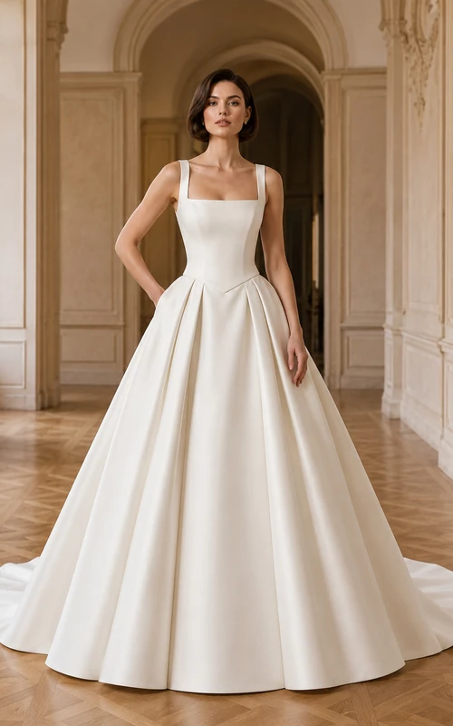 Robe de bal élégante en satin, col carré, sans manches, traîne chapelle, dos nu, robe de mariée Gallery