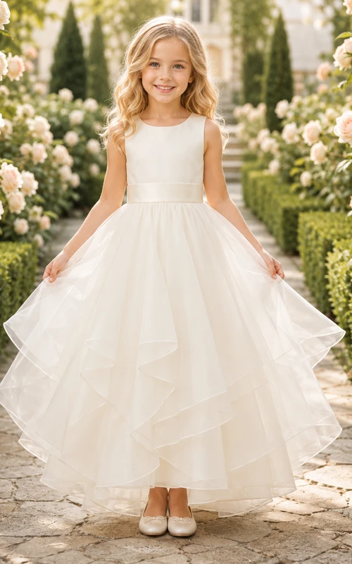 Flower Girl Dress Ivory Tulle A-Line Jewel Neck Tea Length Ruffle Detail