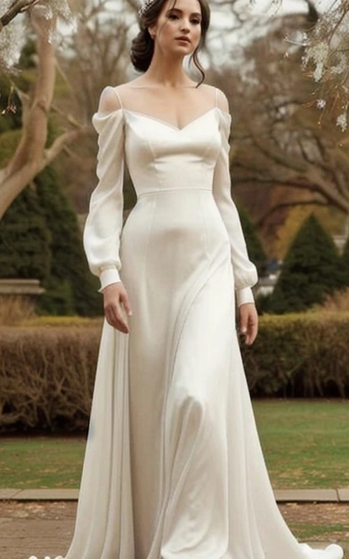 Spaghetti-Empire-Brautkleid mit langen Ärmeln, schlicht und bodenlang