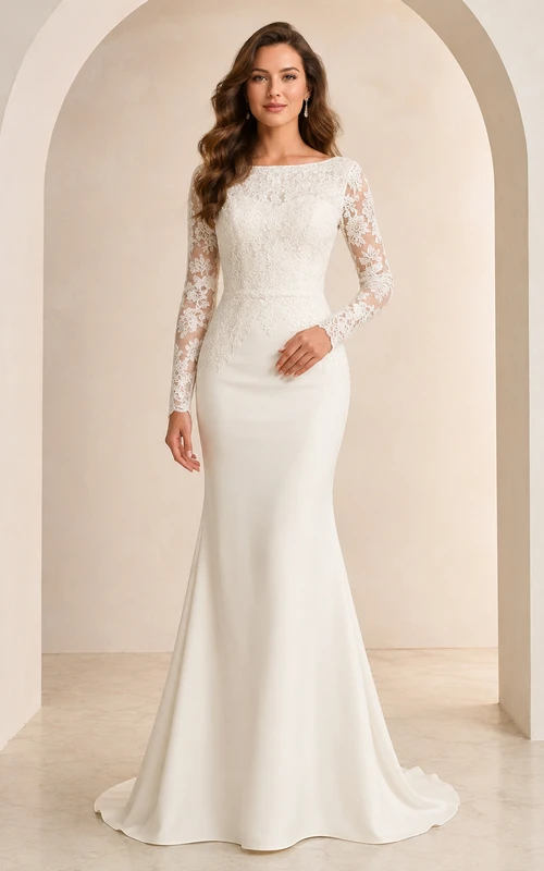 Elegante vestido de novia de corte sirena con escote barco, mangas largas y encaje ilusión.