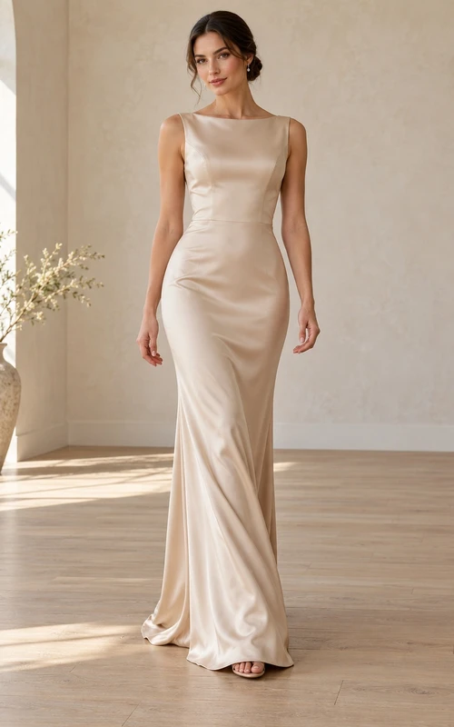 Simple Champagne Boat Neck Satin Sleeveless Fitted Formal Evening Gown