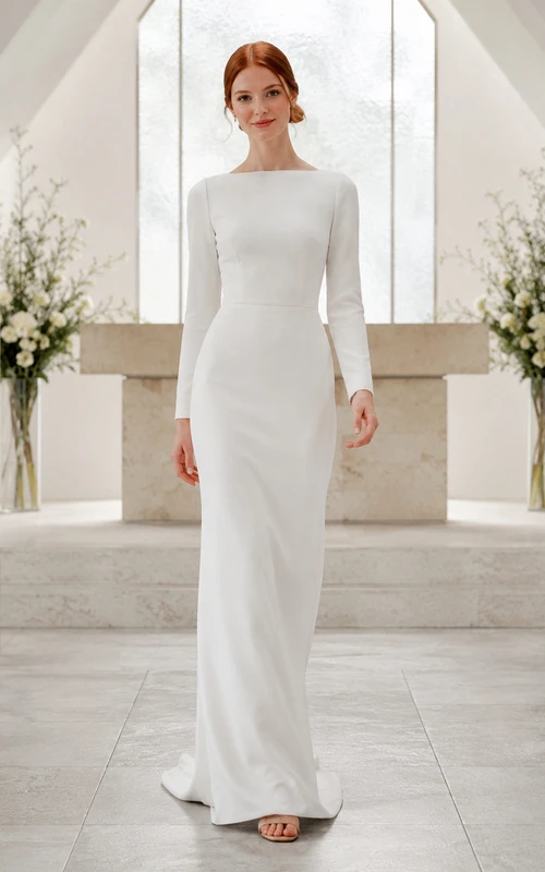 Petite Long Sleeve Bateau Crepe Sheath Wedding Dress