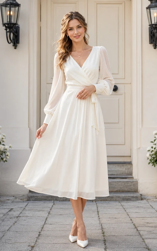 Romantic Civil Chiffon A Line Wrap V Neck Long Poet Sleeve Tea Wedding Dress