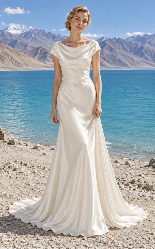Einfaches Brautkleid aus Satin mit Wasserfallausschnitt, kurzen Ärmeln und Schleppe