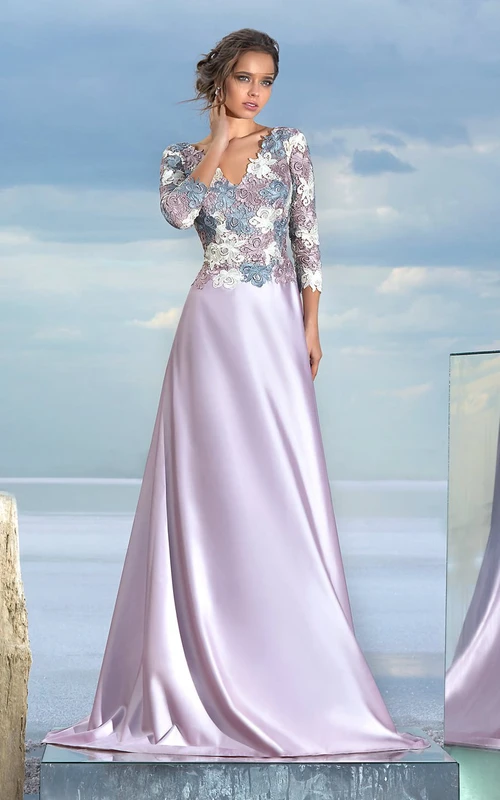A-Linien-Kleid aus Satin mit bodenlangem V-Ausschnitt, langen Ärmeln und tiefem V-Ausschnitt am Rücken