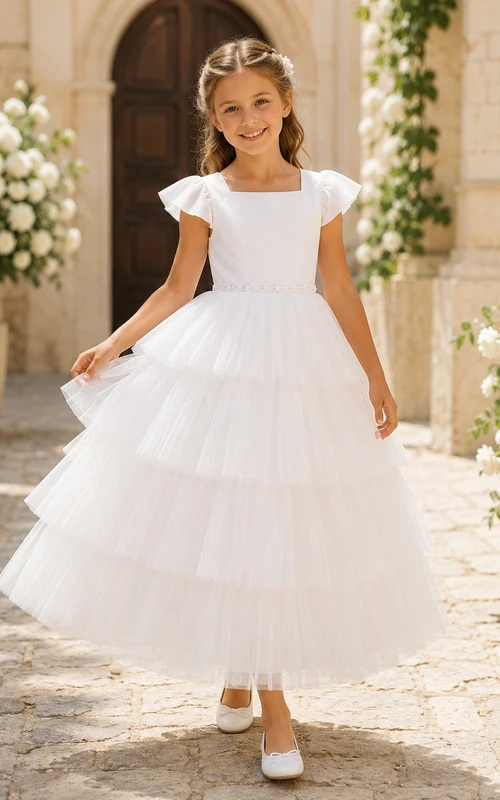 Weißes, tailliertes Tüllkleid aus Satin und Tüll mit Rundhalsausschnitt, kurzen, flatternden Ärmeln und Teelänge – perfekt für Kommunion und als Blumenmädchenkleid.