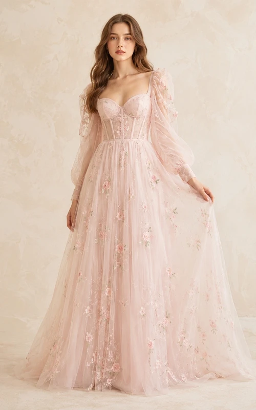 Vestido de fiesta rosa palo con mangas largas, corte en A, apliques de tul y estampado floral.