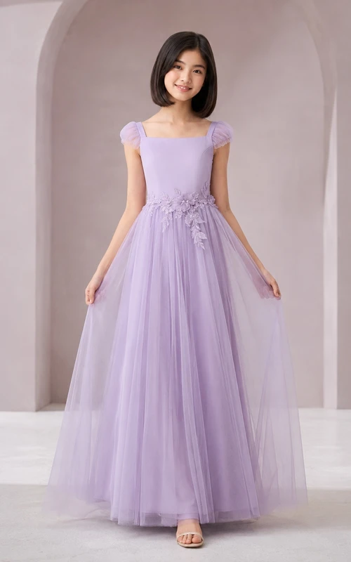 Lavendelfarbenes Brautjungfernkleid für junge Damen, A-Linie, Rundhalsausschnitt, kurze Puffärmel, Tüllapplikationen, Blumen, elegant, romantisch