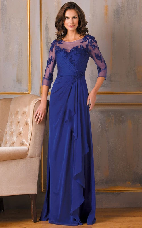 Vestido de gasa largo hasta el suelo con apliques y mangas tres cuartos, estilo tubo, para la madre de la novia