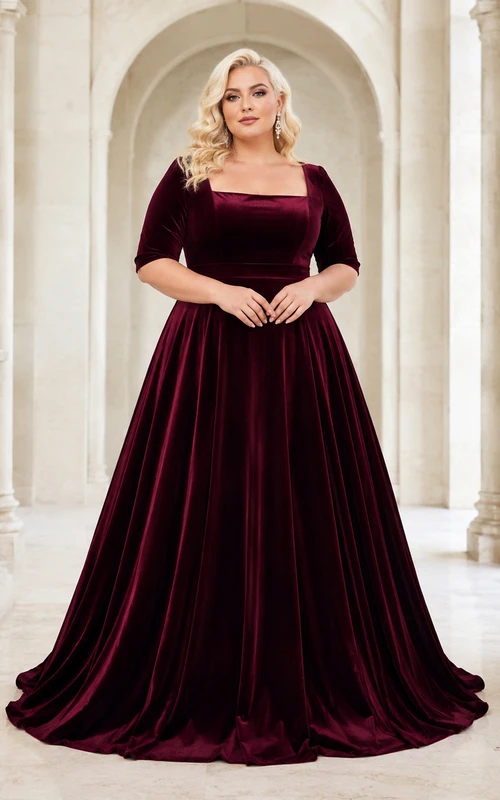 Vestido de gala de terciopelo de lujo hasta el suelo con mangas tres cuartos y corte cuadrado, de la marca Wine Throne, color borgoña.