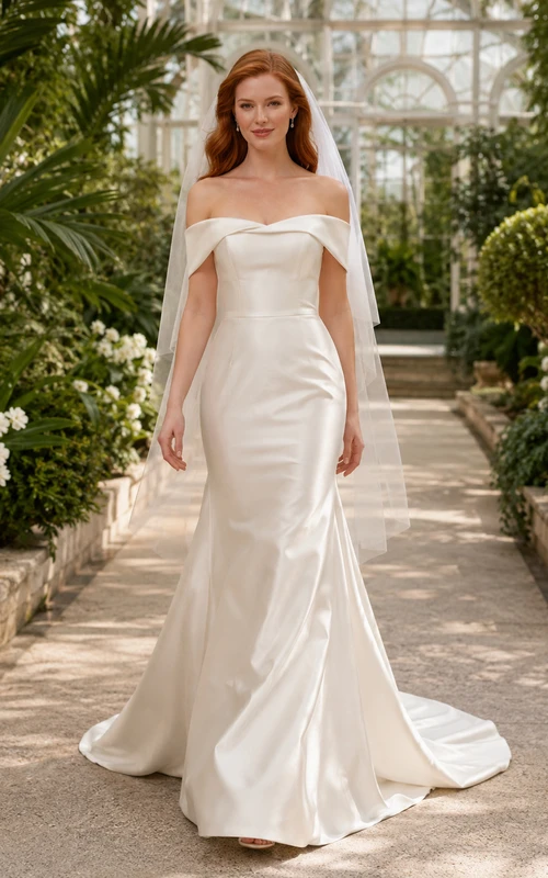 Minimalist Off Shoulder Satin Mermaid Garden Wedding Dress