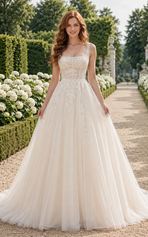 Garten-Brautkleid mit Spaghettiträgern, Spitzenoberteil und Tüll-A-Linie