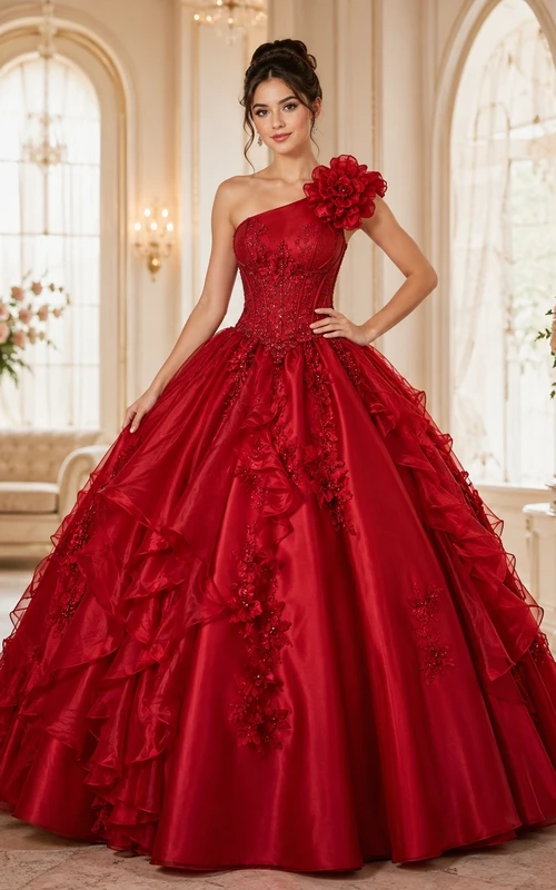 Rotes, schulterfreies Ballkleid mit floralen Applikationen für Quinceañeras