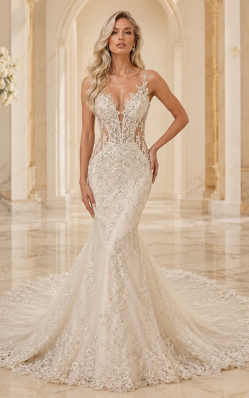 Robe de mariée sirène en dentelle botanique, col en V, sans manches, traîne cathédrale